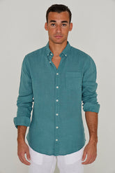 BARCLAY – Long-sleeved linen shirt, straight cut – Men’s – Lagoon green